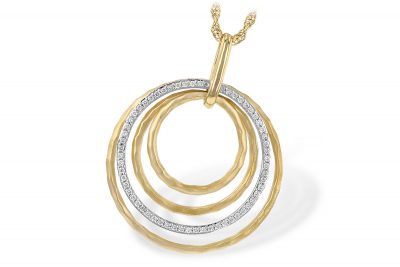Quadruple open circle pendant, three circles 14k yellow gold hammer finish and one circle lined with round accenting G SI1/SI2 Diamonds totaling .22ct in 14k white gold on 18 inch 14k yellow rope chain with lobster clasp
