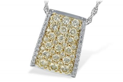 ave style bowed rectangular shape pendant with .95ct fancy yellow Diamonds set throughout the center in 14k yellow gold and row of GH SI2 diamonds set down the sides in 14k white gold totaling .14ct, on 14k white gold chain with lobster clasp