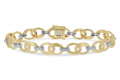 14k Yellow Gold bracelet with satin finish double open links each connected with straight 14k white gold link each with 6 round accenting diamonds all totaling .24ct G Color, SI1/SI2 clarity