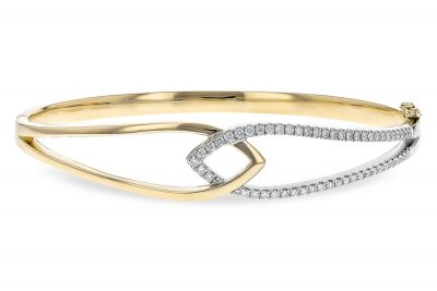 Bangle style bracelet with pointed high polish yellow gold loop interlocking with diamond lined white gold pointed loop, 51 diamonds totaling .50ct, G SI2/SI2, 14k