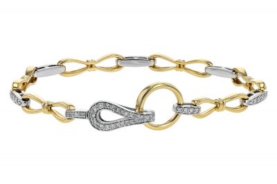 14k Two Tone Bracelet with figure 8 high polish yellow gold links pinched in center with fluted cuffs, Bowed bars of white gold links with brilliant white accenting diamonds connect each figure 8 link. A foldover latching loop clasp provides a focal point to add interest. The diamonds total .60ct, HI Color, I1 clarity. 