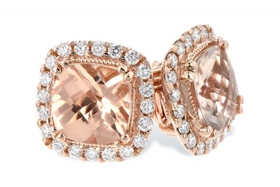 14k Rose Gold morganite earrings with cushion cut Morganite totalling 1.62ct surrounded by round accenting G SI1/2 diamonds totaling .26ct