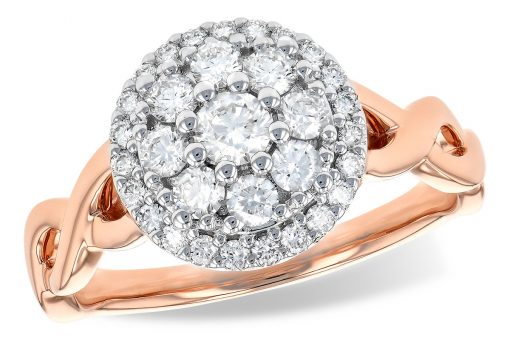Round diamond cluster ring with .70ct GH SI2 diamonds set into the center of 14k white gold and braided style 14k rose gold band