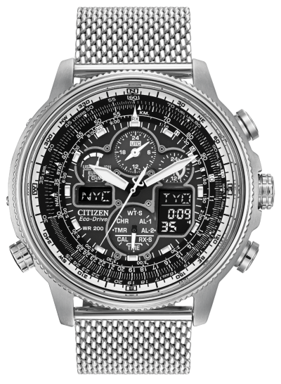 Citizen Navihawk Atomic clock Eco Drive watch with perpetual calendar chronograph, radio signals receiving watch for on time synchronization, Stainless steel case with mesh bracelet, black dial, world time with 43 cities, 2 alarms, 1/100 second chronograph
