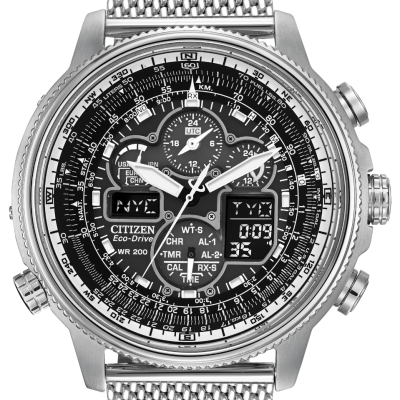 Citizen Navihawk Atomic clock Eco Drive watch with perpetual calendar chronograph, radio signals receiving watch for on time synchronization, Stainless steel case with mesh bracelet, black dial, world time with 43 cities, 2 alarms, 1/100 second chronograph