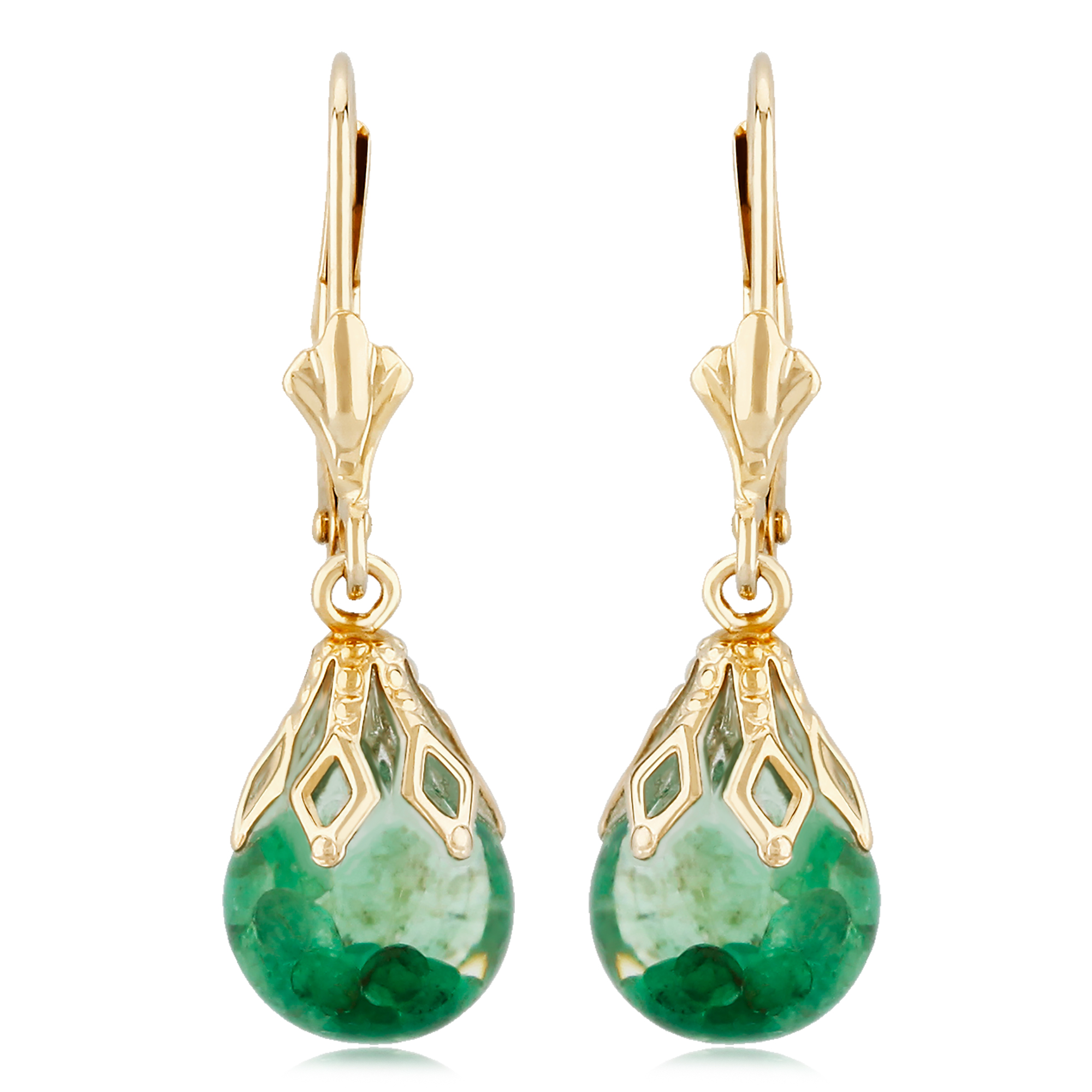 Floating Emeralds in Globes Lever-Back Earrings