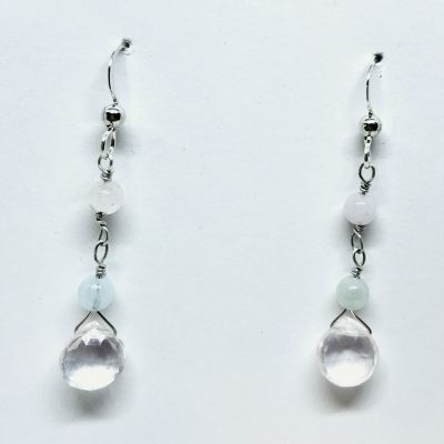 Rose Quartz flat briolette drop earrings with one blue and one pink morganite 4mm bead above on sterling silver eurowire