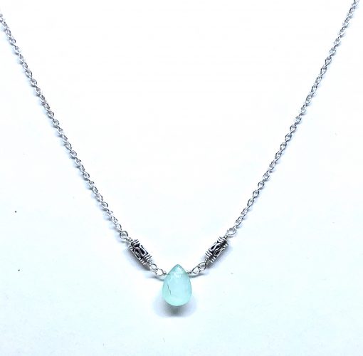 Simple 17-18 inch necklace with 7x10 Dyed Aqua Chalcedony Briolette in the center of sterling silver cable chain with tube accent beads