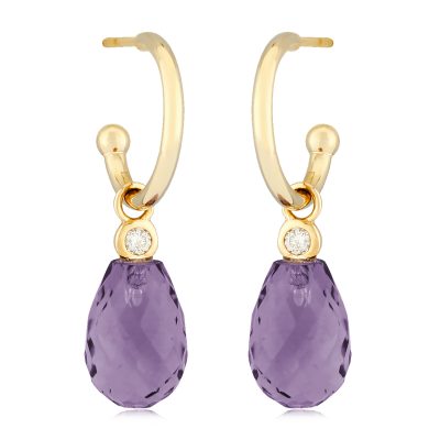 Hoop earrings on post with Square checkerboard amethyst briolette and round accenting diamond dangle, diamonds totaling .06ct 14k yellow gold