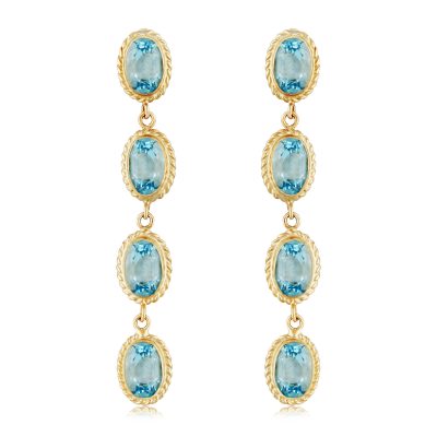 Drop Blue topaz earrings with 4 oval 6x4mm blue topaz set in straight line down all bezel set with rope frame, on posts, 14k yellow gold
