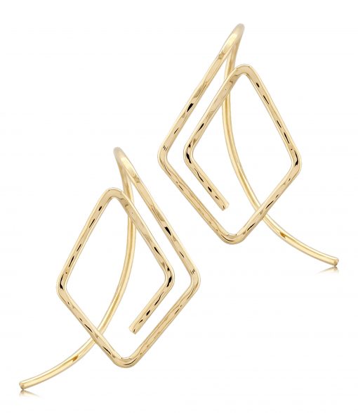 Endless Hammered open diamond shaped off the ear earrings, 14k yellow gold