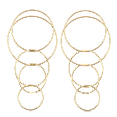 Multiple interlocking ring dangle earrings, 14k yellow gold, on posts