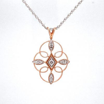 Vintage style open looped pendant with milgrain and round accenting diamonds set in loops and at center all totaling .15ct, 14k rose gold on 18 inch 14k white gold light rope chain with spring ring clasp