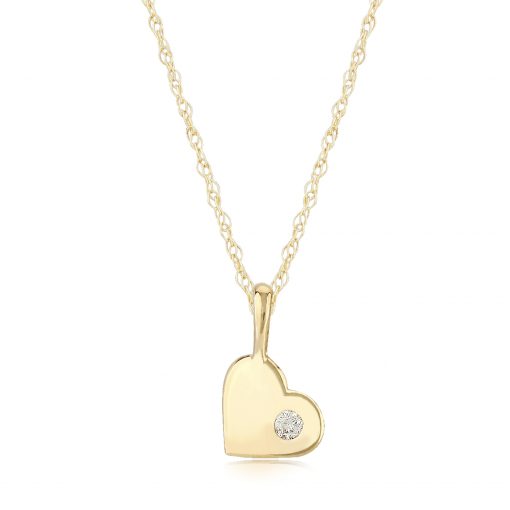 Mini heart charm pendant with .03 carat diamond accent in the heart on 14k yellow gold 18 inch light rope chain with spring ring clasp. This sweet little heart pendant make the perfect gift. 