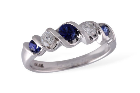 Sapphire and diamond ribbon band with 3 round sapphires totaling .34ct set every other with 2 round GH Color, SI2 clarity diamonds totaling .24ct, 14k white gold