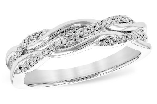 14k white gold Band with double twisted row of diamonds intertwined with high-polished 14k bands. Diamonds totaling .12 carat, G-H Color, SI2 clarity.