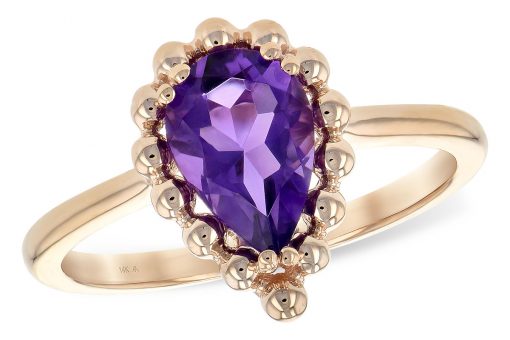 Pear Shaped Amethyst Ring in 14k Rose gold with beaded border 1.06 carat Amethyst