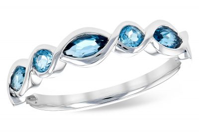 Band with 3 marquise London Blue Topaz and 2 round swiss blue topaz set every other in bezels, 14k white gold
