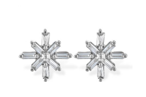 Snowflake style Baguette diamond Post earrings with .22ct diamonds, all GH SI2, 14k white gold