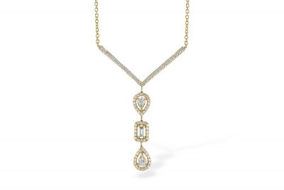 Multi shaped 14k yellow gold drop pendant with three alternating pear and baguette shaped diamonds, each framed in a halo of diamonds. The three sections hang vertically from a "V" shaped row of prong set diamonds. .54ct total