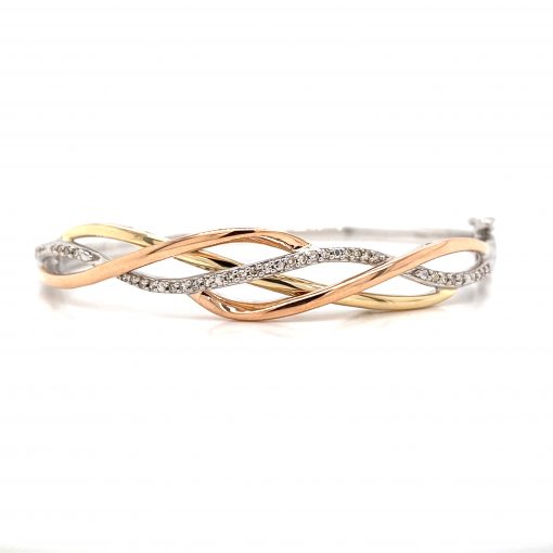 Sterling Silver Bangle Bracelet with interlocking braided ribbons of 10 karat rose gold, sterling silver and a center ribbon of brilliant round diamonds total .20 carat.