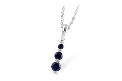 3 Sapphire pendant graduating in size from top to bottom, all sapphires and totaling .55ct, 4 round accenting G SI1/Si2 diamonds totaling .05ct, all set vertically, 14k white gold on 18 inch rope chain with lobster clasp