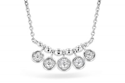 Station curved center necklace with 5 round drops with accenting diamonds in each one all totaling .09ct, GH SI2, 14k white gold, 18 inch cable chain with trigger clasp