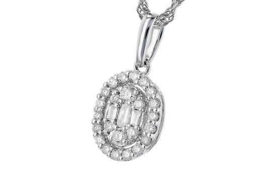 Oval Diamond pendant with 3 baguette diamonds totaling .03ct in the center and round accenting diamonds set throughout rest of oval totaling .15ct, .18ctw, 18 inches, 14k white gold