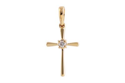 14k Yellow Gold Mini High Polish Cross with Round Accenting .03ct GH SI2 Diamond in the Center