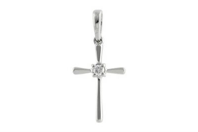14k White Gold Mini High Polish Cross with Round Accenting .03ct GH SI2 Diamond in the Center