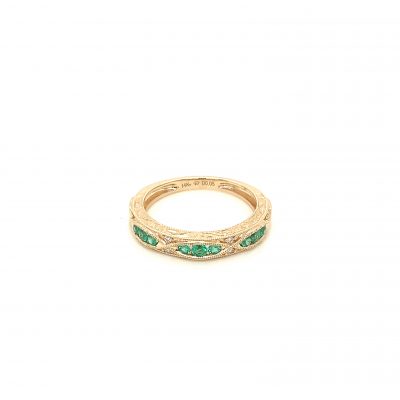 Vintage style emerald and diamond band in braid of gold, all diamonds totaling .04ct, 14k yellow gold