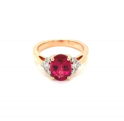 Oval 2.08ct Rbuellite ring with round accenting diamonds on each side totaling .26ct GH Color SI2 Clarity, 14k rose gold