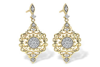 Ornate vintage style drop earrings with diamond accents, all diamonds totaling .24ct, 14k Yellow Gold with White Gold accent.