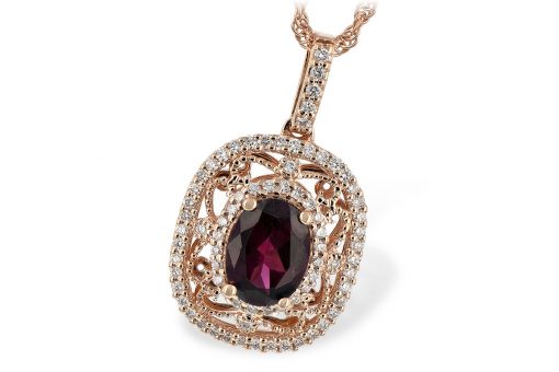 Vintage Rhodalite and Diamond Pendant with oval 1.10ct Rhodalite Garnet in the center of curls of 14k rose gold and halo of round accenting diamonds, diamonds all GH SI2 and totaling .31ct, 14k Rose gold 18 inch rope chain with lobster clasp