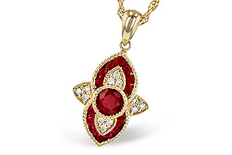 Vintage Style pendant with round center ruby and accenting diamond sand rubies, all rubies totaling .63ct and all diamonds totaling .07ct, 14k yellow gold, 18 inch chain