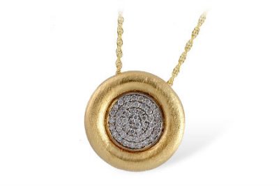 Circle pendant with pave set diamonds in the center, puff of 14k yellow round surrounding diamonds, 14k yellow gold with white gold accents, 18 inches