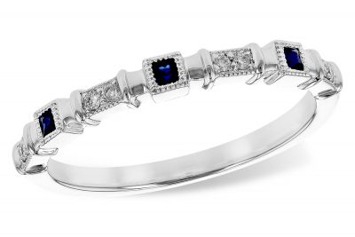 Vintage style band with 3 square blue Sapphires and 8 round accenting diamonds, sapphires totaling .09ct and all diamonds are G Color SI1/SI2 clarity