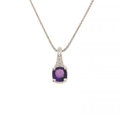 5mm Cushion Amethyst pendant with vintage style split bale, all diamonds totaling .06ct on 18 inch diamond cut wheat chain with lobster clasp, 14k white gold