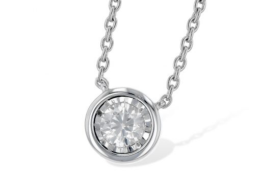 Ilusion set round diamond bezel style solitaire pendant with .25ct G Color SI3 clarity diamond, 18 inches, 14k white gold