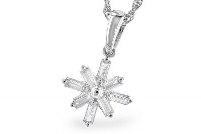 Snowflake baguette diamond pendant, all diamonds totaling .14ct G Color SI3 Clarity, 14k white gold, 18 inch light rope chain with lobster clasp