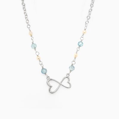 16 inch Blue topaz and freswhater pearl infinity inspired heart center necklace, four 4mm blue topaz beads and four 2.5mm freshwater pearls at the center, sterling silver