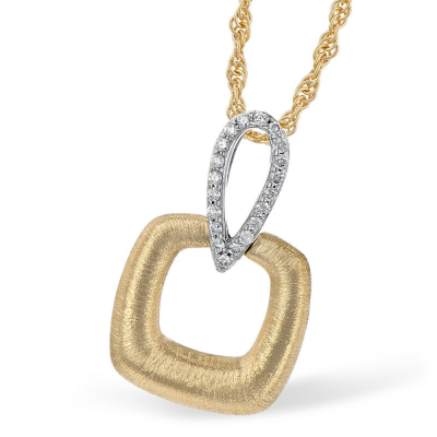 Two tone pendant with open puffed frosted square below open diamond lined upside-down teardrop bale on yellow gold 18 inch light rope chain with lobster clasp, all diamonds totaling .09ct G Color SI1/SI2 clarity