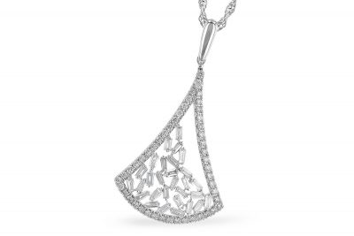 Fan shape diamond pendant with multiple baguette diamonds set in free form pattern in the center and outter fan shape lined with round accenting diamonds, all diamond totaling .50ct, G Color, SI3 Clarity, 18 inch 14k white gold rope chain with lobster clasp
