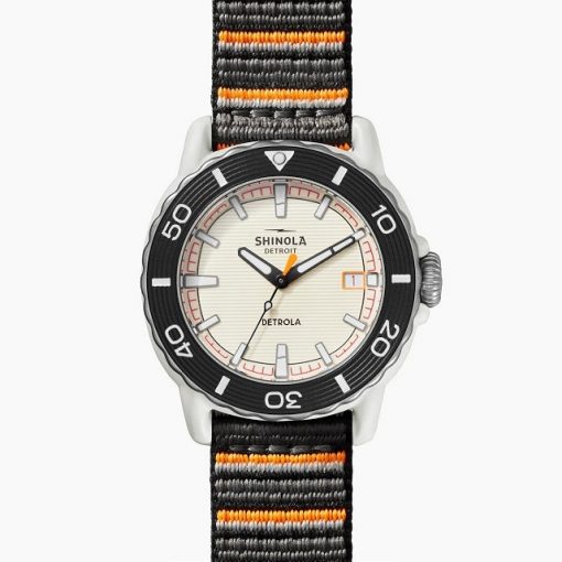 Shinola Sea Creatures Detrola watch 40mm with 10ATM, screw down crown, Sapphire crystal and Ocean Plastic Case, Ivory Dial with Black tide ocean material yarn Orange and Black water resistant band