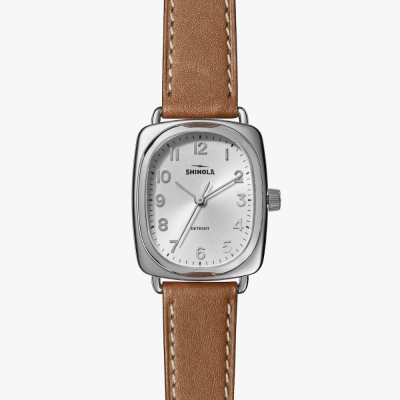 The Bixby Bike Shinola 29x34mm rectangular watch with Cognac genuine leather strap, stainless steel case- comes in leather box