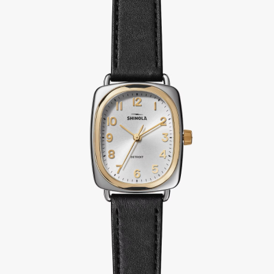 The Bixby Bike Shinola 29x34mm rectangular watch with black genuine leather strap, stainless steel case with gold tone accents- comes in leather box