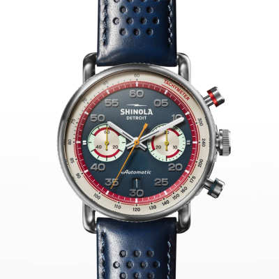 44mm Canfield Speedway Automatic Chronograph watch with round dark slate blue dial and Tachymeter, date at 6, double dome sapphire crystal, Italian perforated leather strap in navy blue