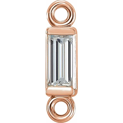 14K rose gold .06ct baguette Natural Diamond Inline Link. Use this link as an accent in any permanent jewelry chain. Rose gold looks great in contrast to white gold in addition to rose gold chains. It measures 7.67 mm x 1.75 mm outer diameter. Diamond measures 4x2mm