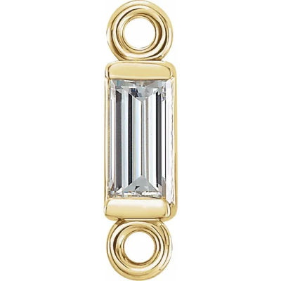 14K Yellow gold .06ct baguette Natural Diamond Inline Link. Use this link as an accent in any permanent jewelry chain. Yellow gold looks great in contrast to white gold or in addition to yellow gold chains. It measures 7.67 mm x 1.75 mm outer diameter. Diamond measures 3 x 1.5 mm