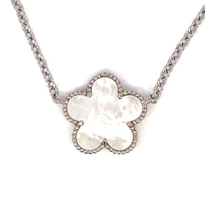 Mother of Pearl flower pendant in center of cable chain with lobster clasp, sterling silver